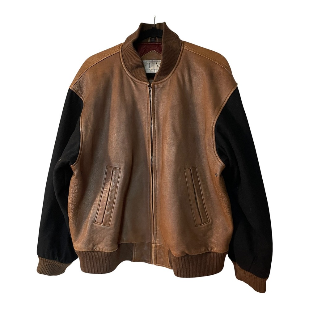 Vintage Men's L RTW (Ready To Wind Down) Leather Bomber Jacket Wool Sleeves
